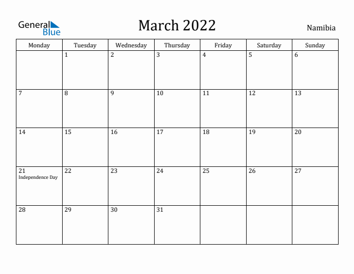 March 2022 Calendar Namibia