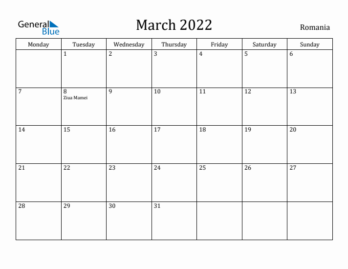 March 2022 Calendar Romania