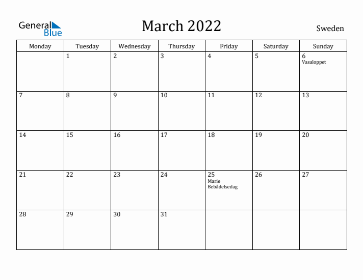 March 2022 Calendar Sweden