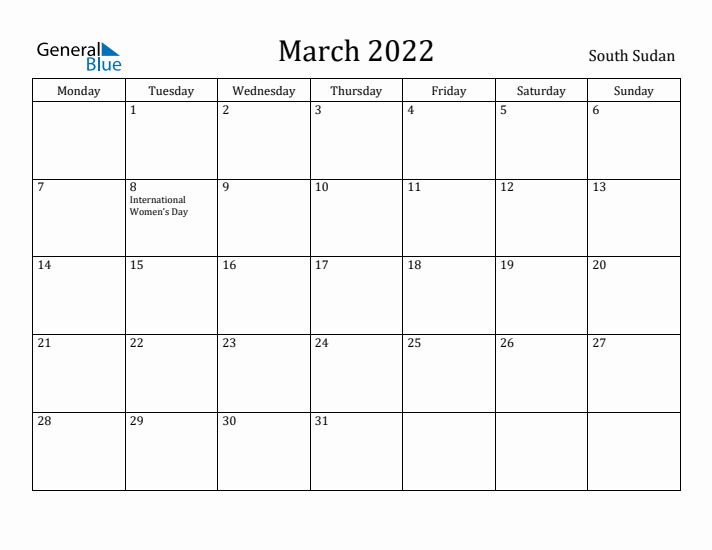 March 2022 Calendar South Sudan