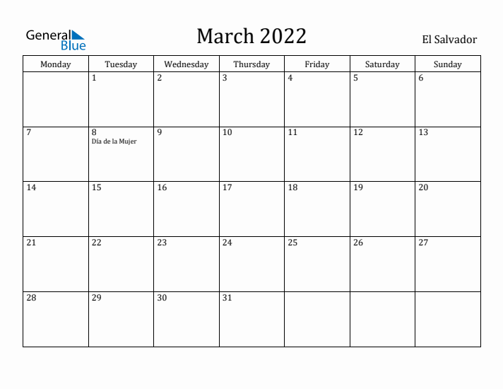 March 2022 Calendar El Salvador