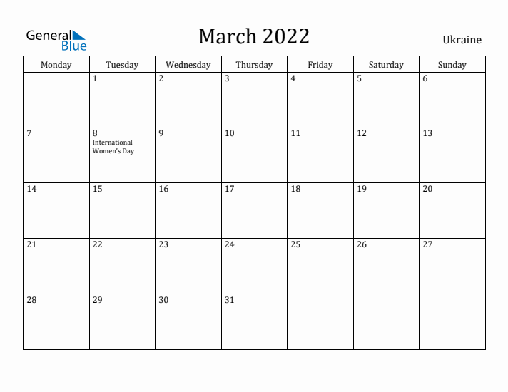 March 2022 Calendar Ukraine