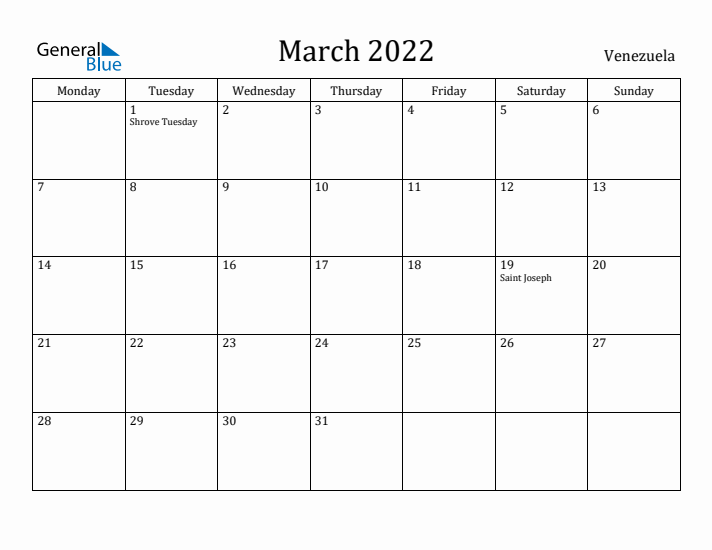 March 2022 Calendar Venezuela
