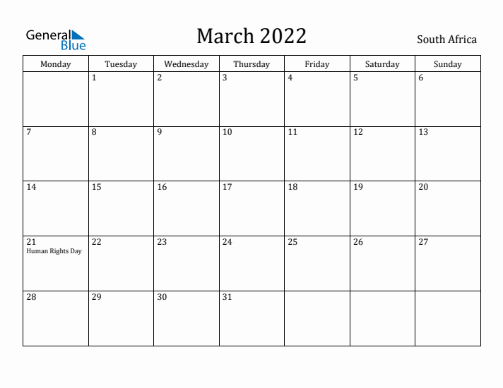March 2022 Calendar South Africa