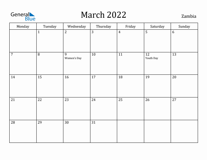 March 2022 Calendar Zambia