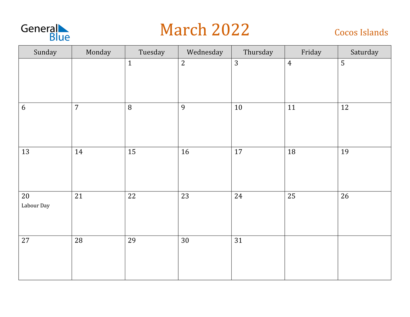 March 2022 Calendar - Cocos Islands