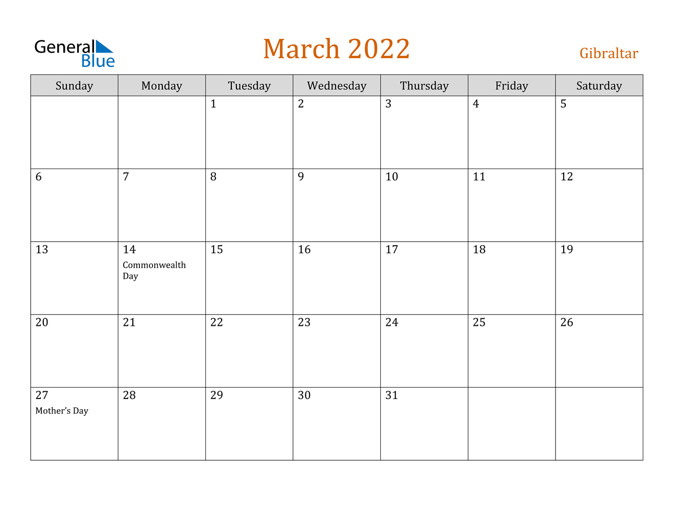 gibraltar march 2022 calendar with holidays