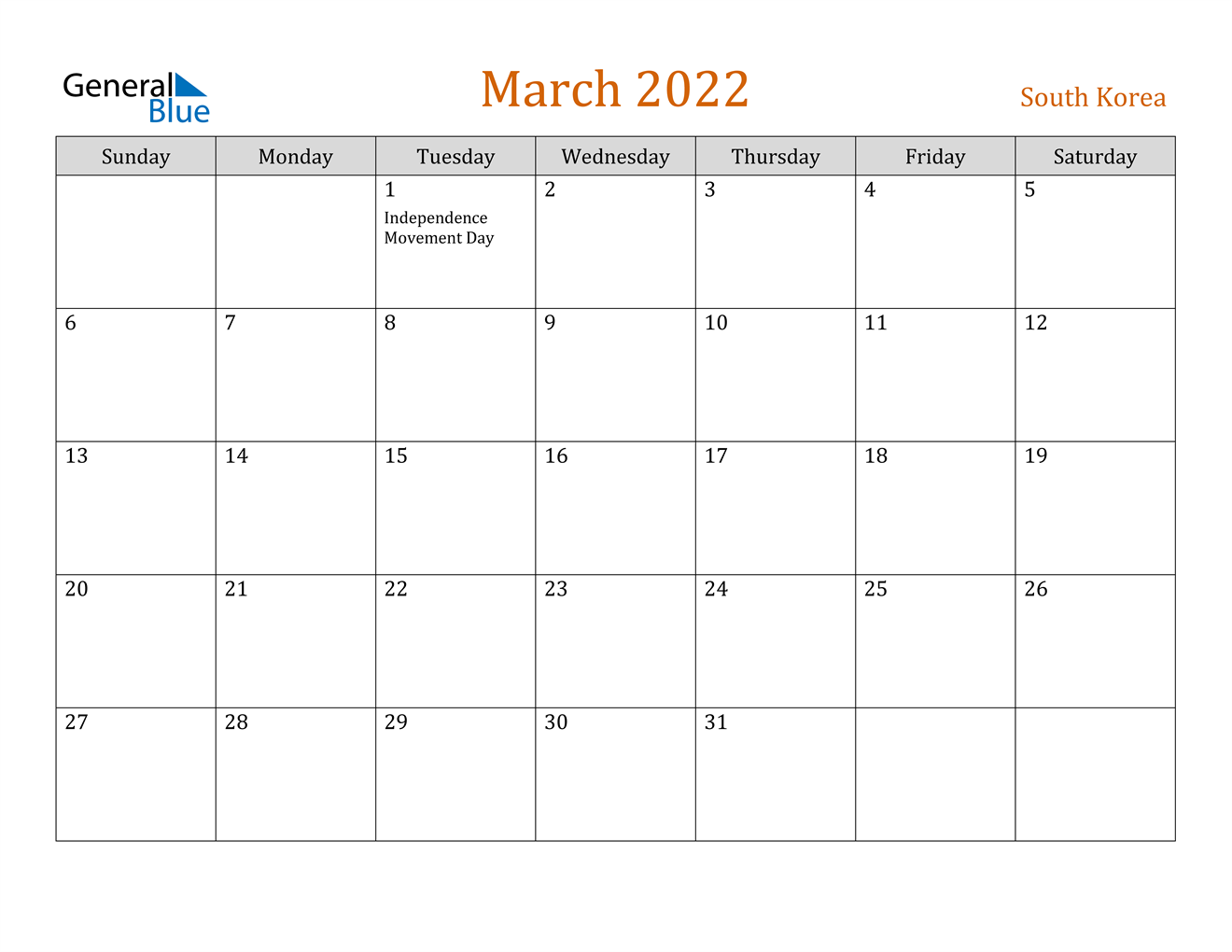 south korea march 2022 calendar with holidays