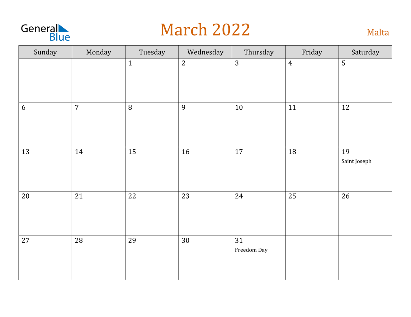 malta march 2022 calendar with holidays