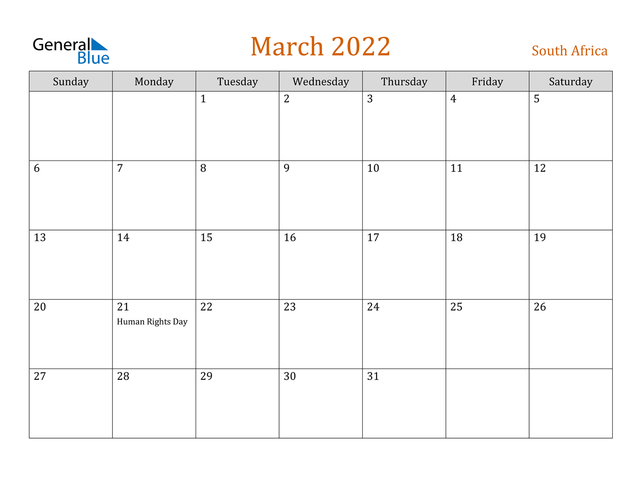 march 2022 calendar south africa