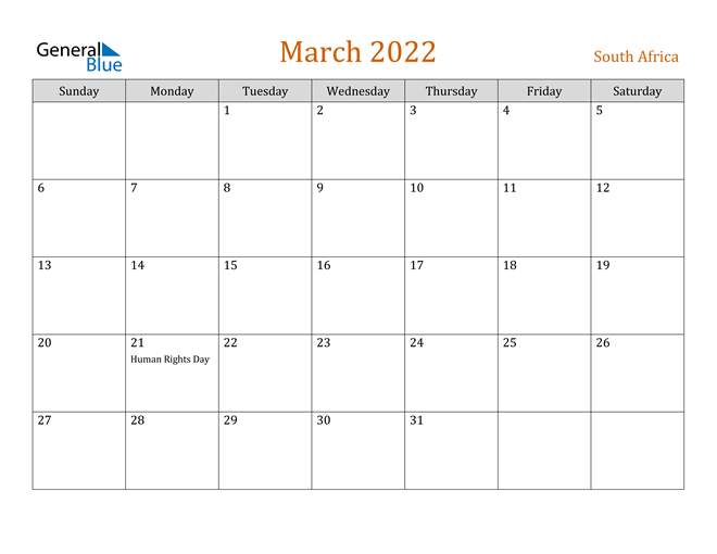 south africa march 2022 calendar with holidays