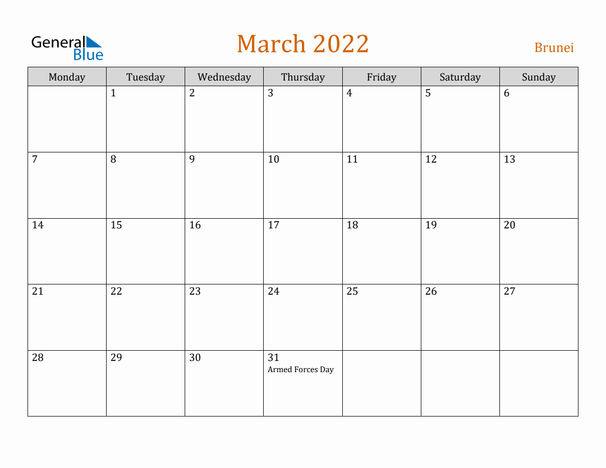 Free March 2022 Brunei Calendar