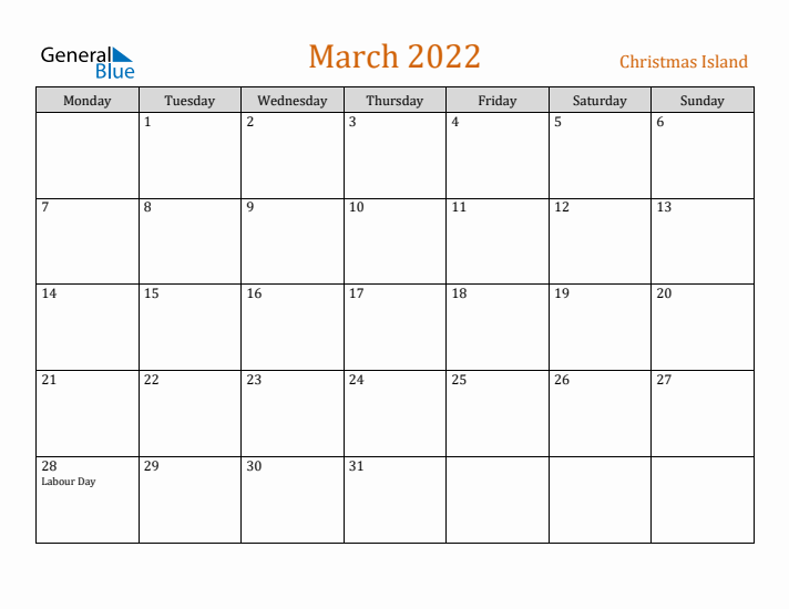 March 2022 Holiday Calendar with Monday Start