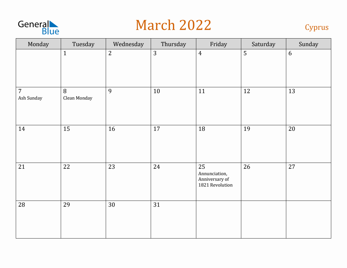 Free March 2022 Cyprus Calendar