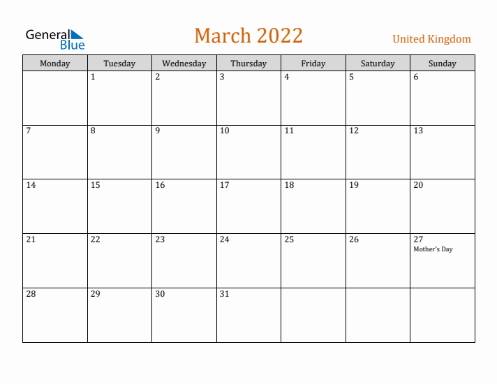 March 2022 Holiday Calendar with Monday Start