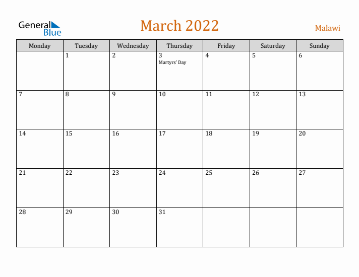 March 2022 Holiday Calendar with Monday Start