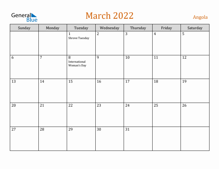 March 2022 Holiday Calendar with Sunday Start