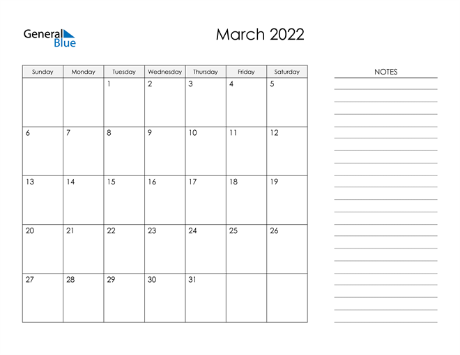 Typable Calendar 2022 March 2022 Calendar (Pdf Word Excel)