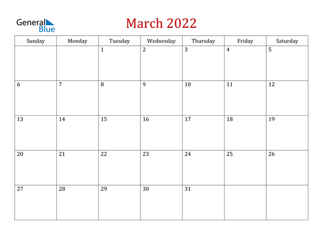 Printable 2022 March Calendar March 2022 Calendar (Pdf Word Excel)