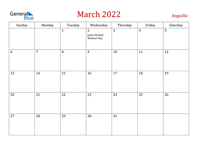 Anguilla March 2022 Calendar