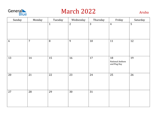 Aruba March 2022 Calendar