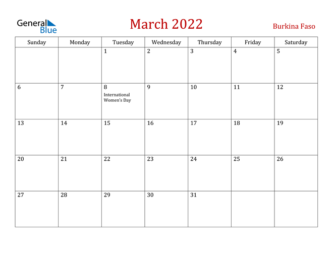 Burkina Faso March 2022 Calendar