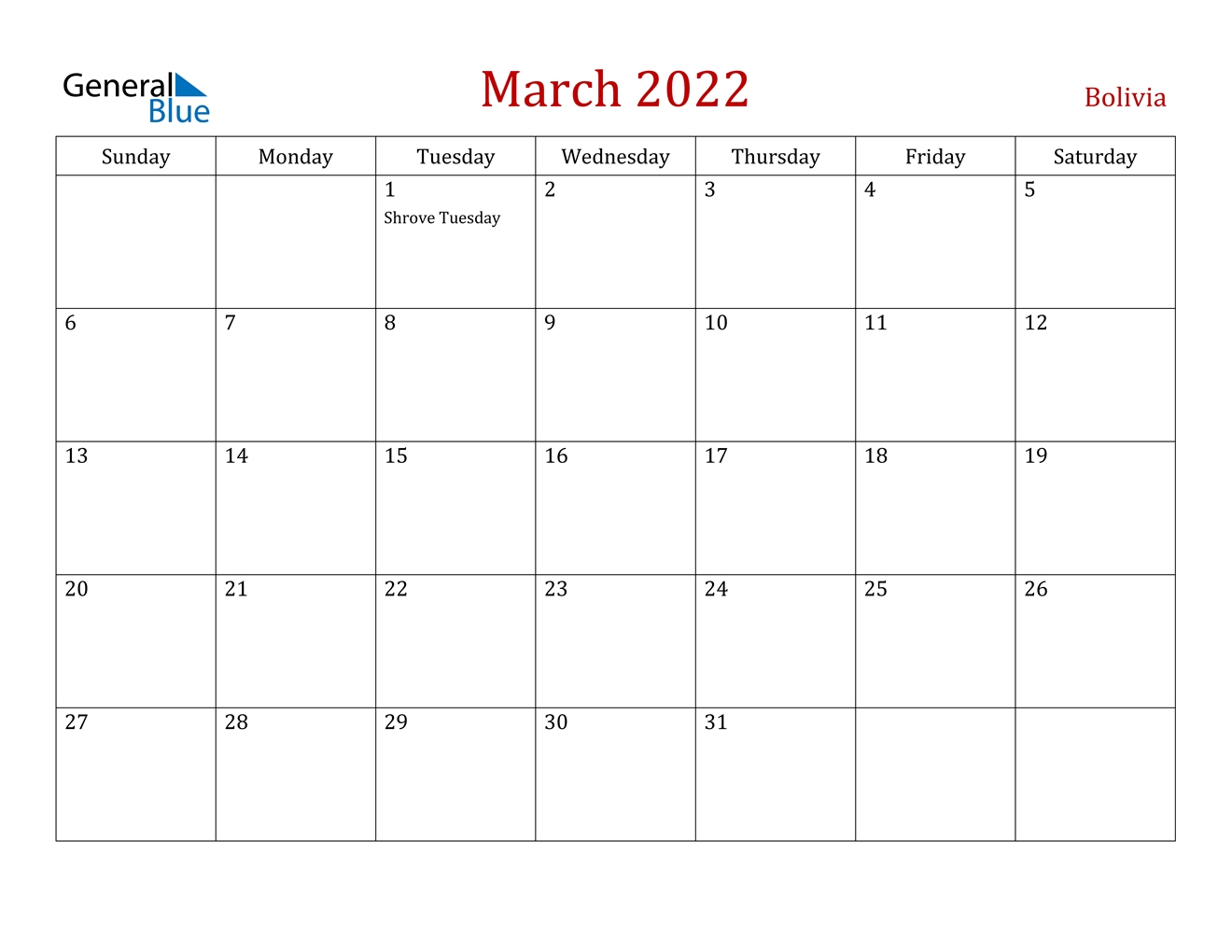 march 2022 calendar bolivia