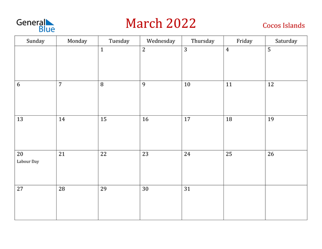Cocos Islands March 2022 Calendar