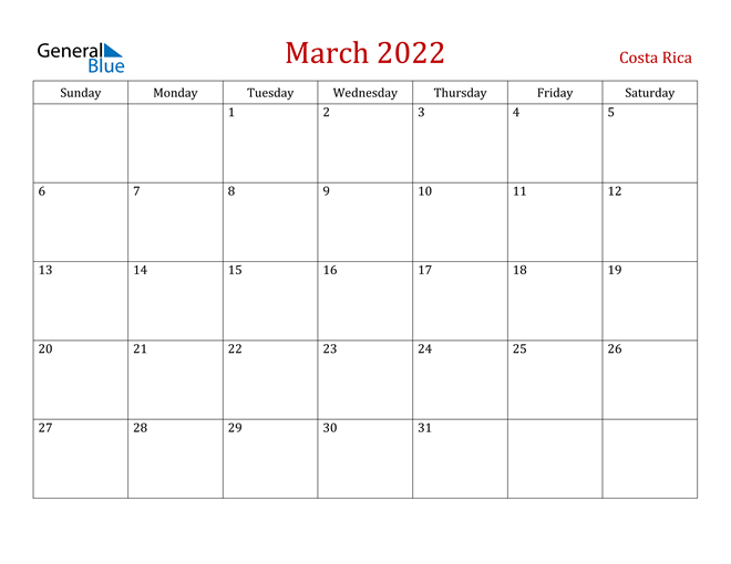 Costa Rica March 2022 Calendar
