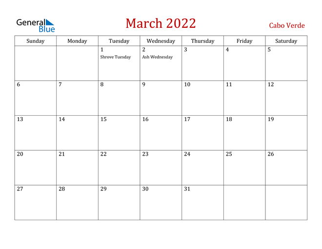 Cabo Verde March 2022 Calendar