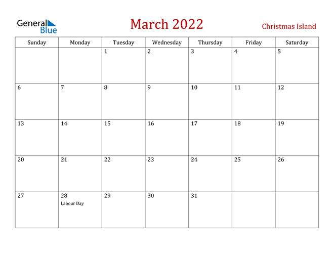 Christmas Island March 2022 Calendar