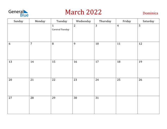 Dominica March 2022 Calendar