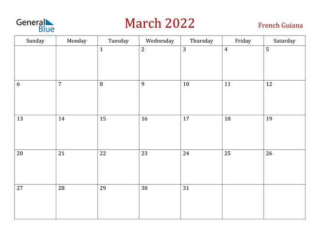 French Guiana March 2022 Calendar