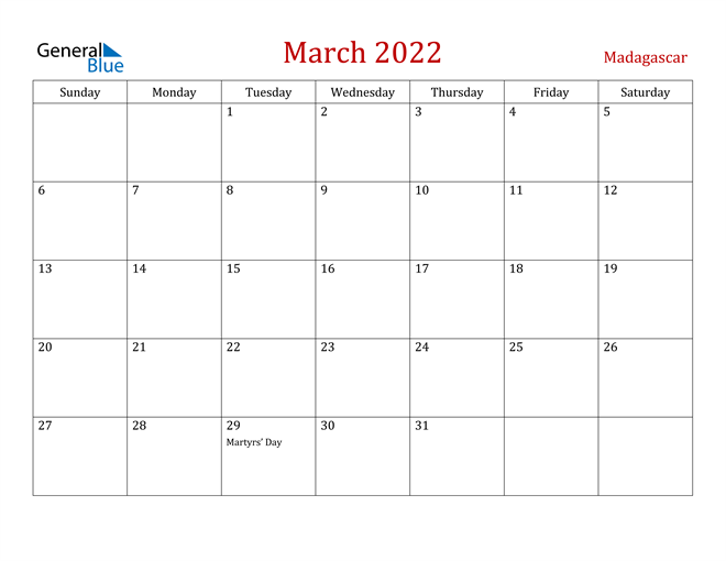 Madagascar March 2022 Calendar