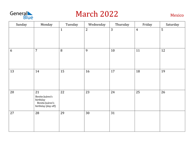 Mexico March 2022 Calendar