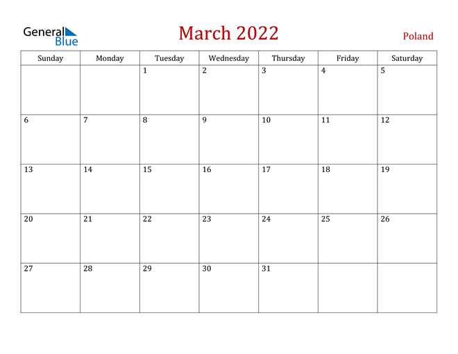 Poland March 2022 Calendar