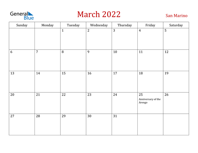 San Marino March 2022 Calendar