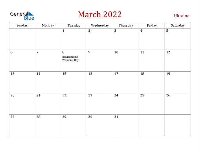 Ukraine March 2022 Calendar