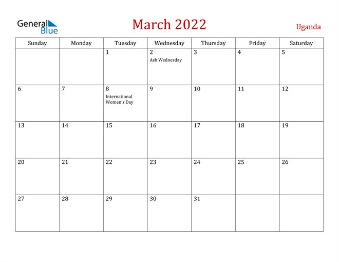 Uganda March 2022 Calendar