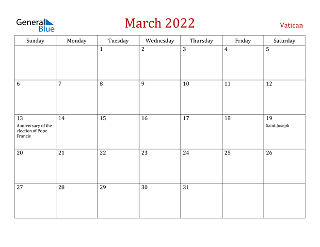 Vatican March 2022 Calendar