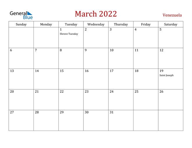 Venezuela March 2022 Calendar