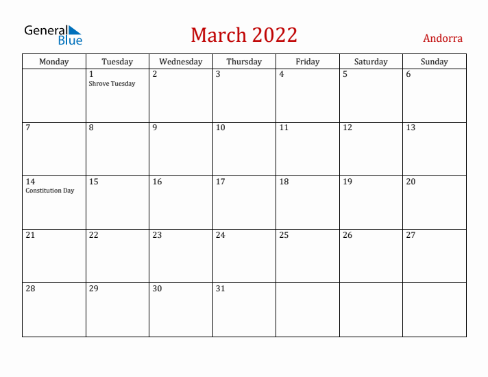 Andorra March 2022 Calendar - Monday Start