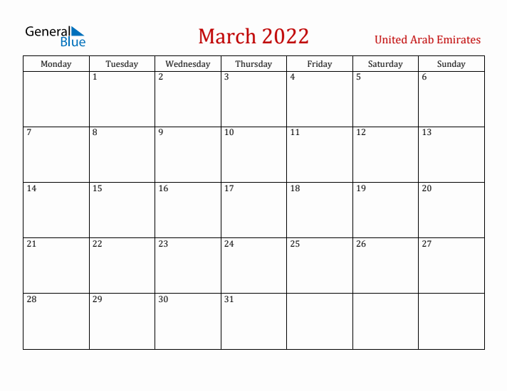 United Arab Emirates March 2022 Calendar - Monday Start