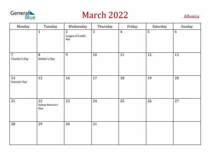 Albania March 2022 Calendar - Monday Start