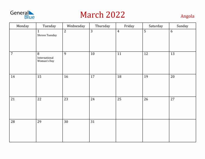 Angola March 2022 Calendar - Monday Start