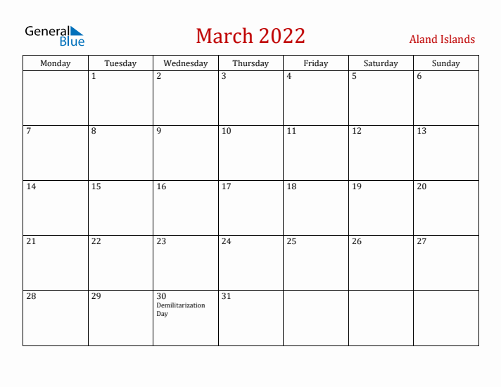 Aland Islands March 2022 Calendar - Monday Start