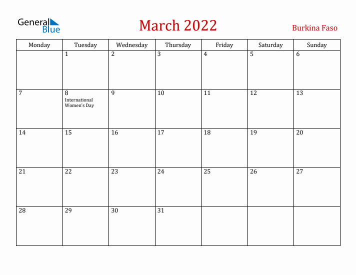 Burkina Faso March 2022 Calendar - Monday Start