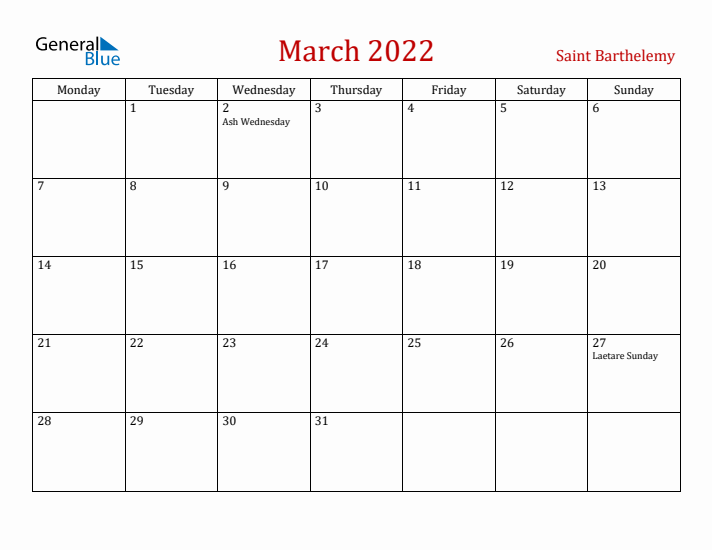 Saint Barthelemy March 2022 Calendar - Monday Start