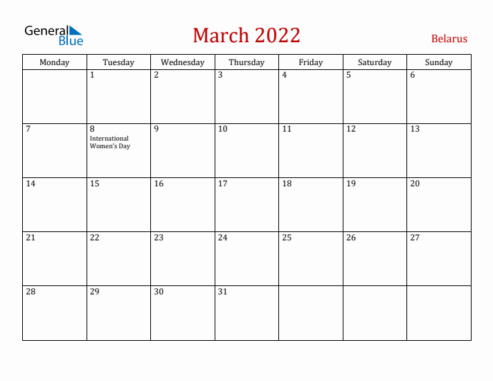 Belarus March 2022 Calendar - Monday Start