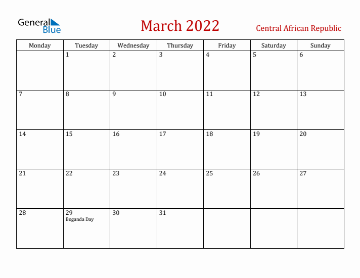 Central African Republic March 2022 Calendar - Monday Start